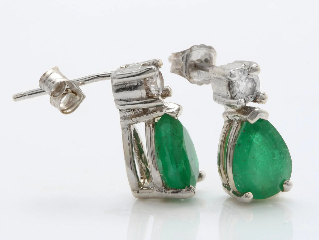 14K Solid White Gold Stud Earrings with Natural Emerald and Diamond E916603