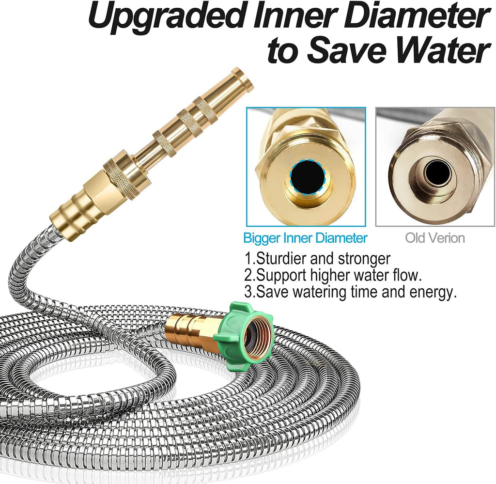 Steel Metal Garden Hose 100FT Heavy Duty Lightweight 304 Stainless Steel Water Hose with Brass Nozzle, Silver Pack of 2 V44908