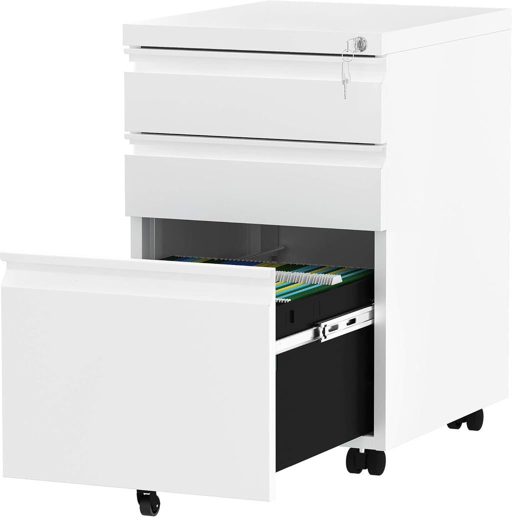 White 3-Drawer Mobile Metal File Cabinet with Lock B331