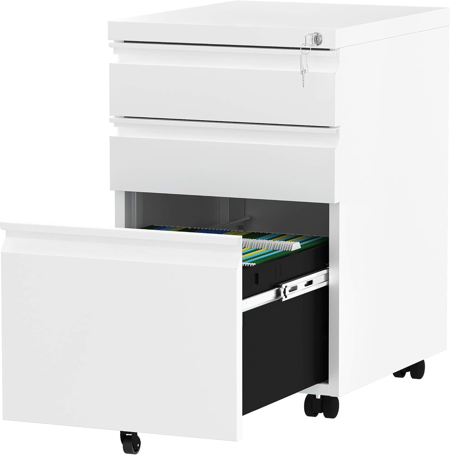 White 3-Drawer Mobile Metal File Cabinet with Lock B331