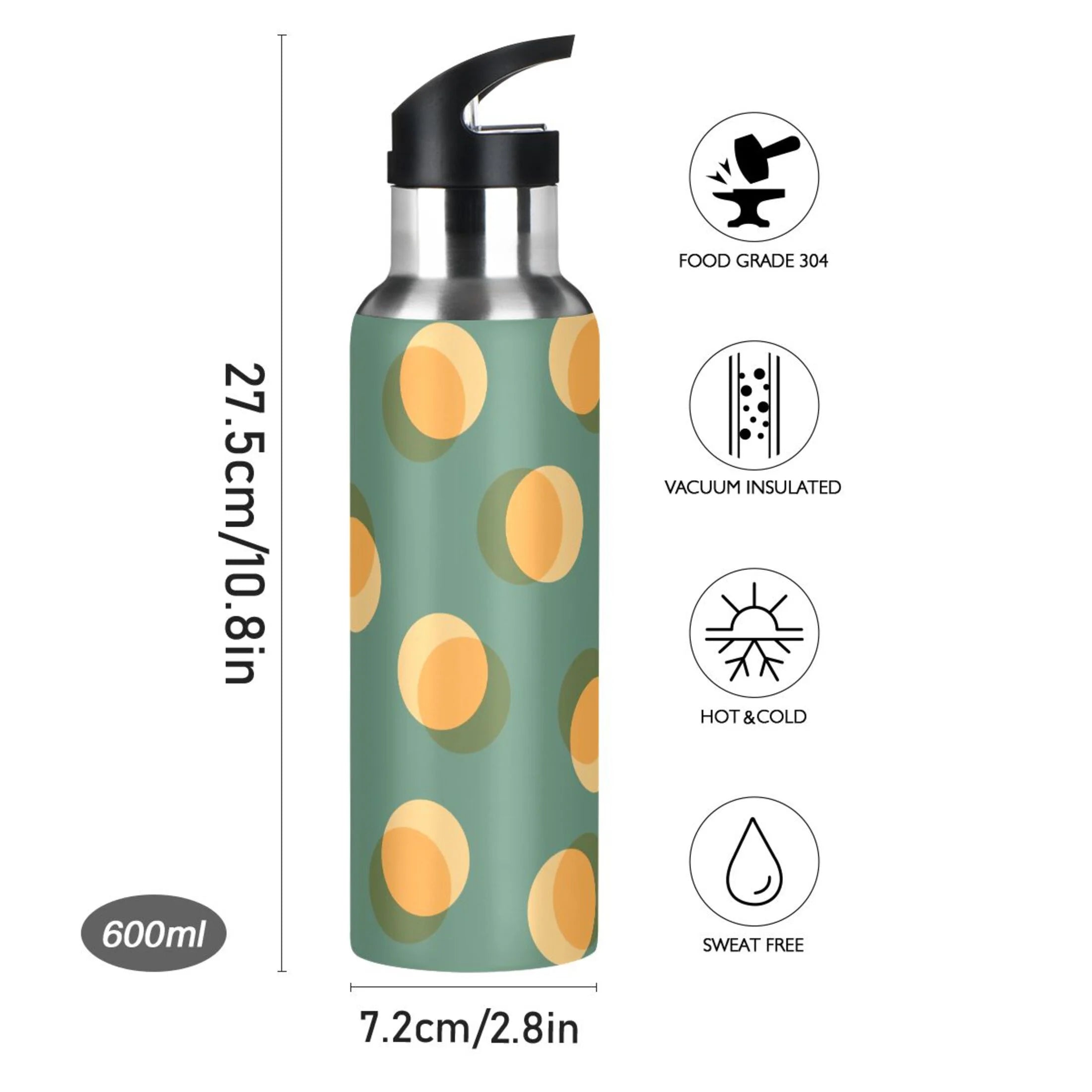 Yellow Green Polka Dot Stainless Steel Insulated Water Bottle with Straw Lid X8927