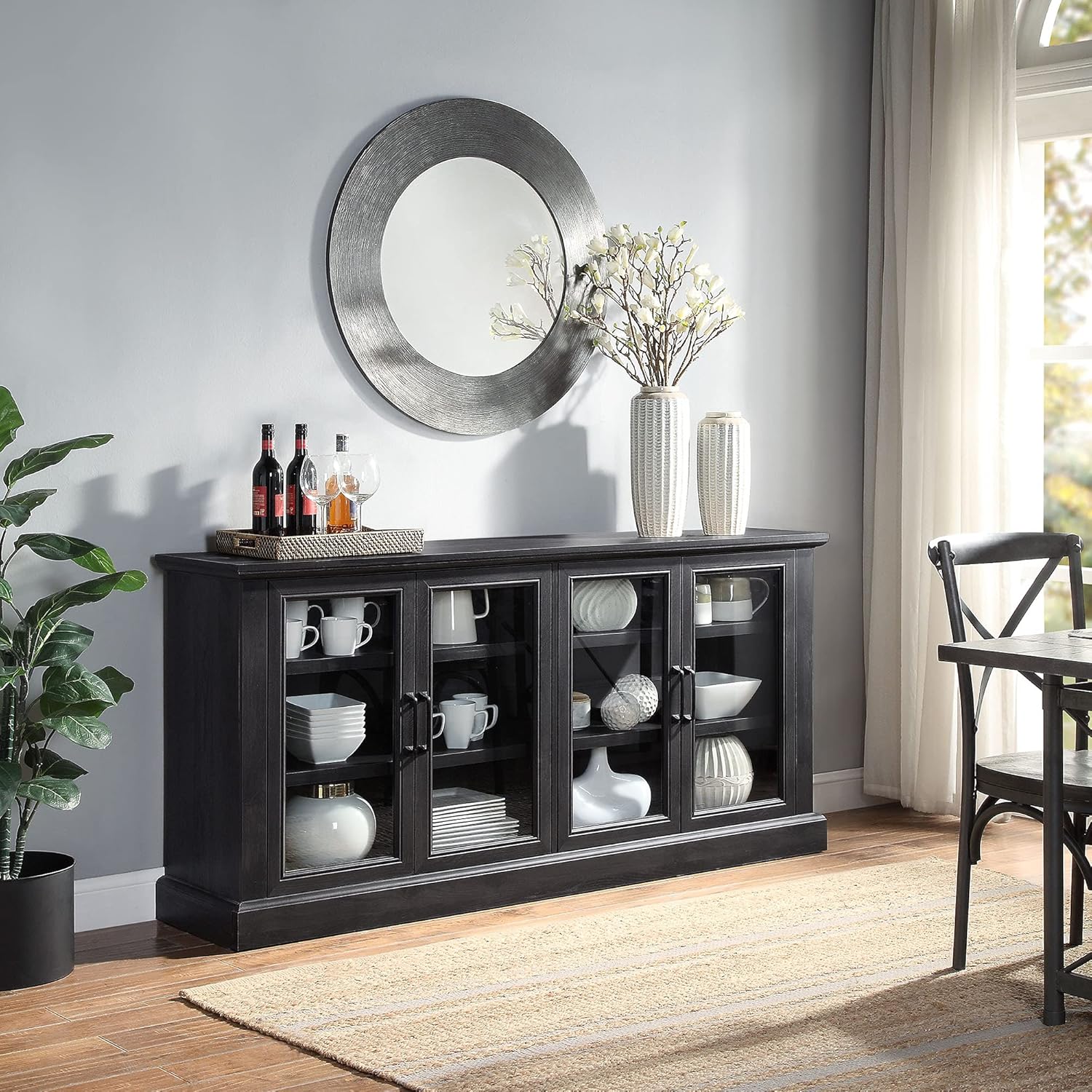 Rustic Grey Wood Sideboard Buffet with Storage Cabinet, Glass Doors, and Adjustable Shelves Z583