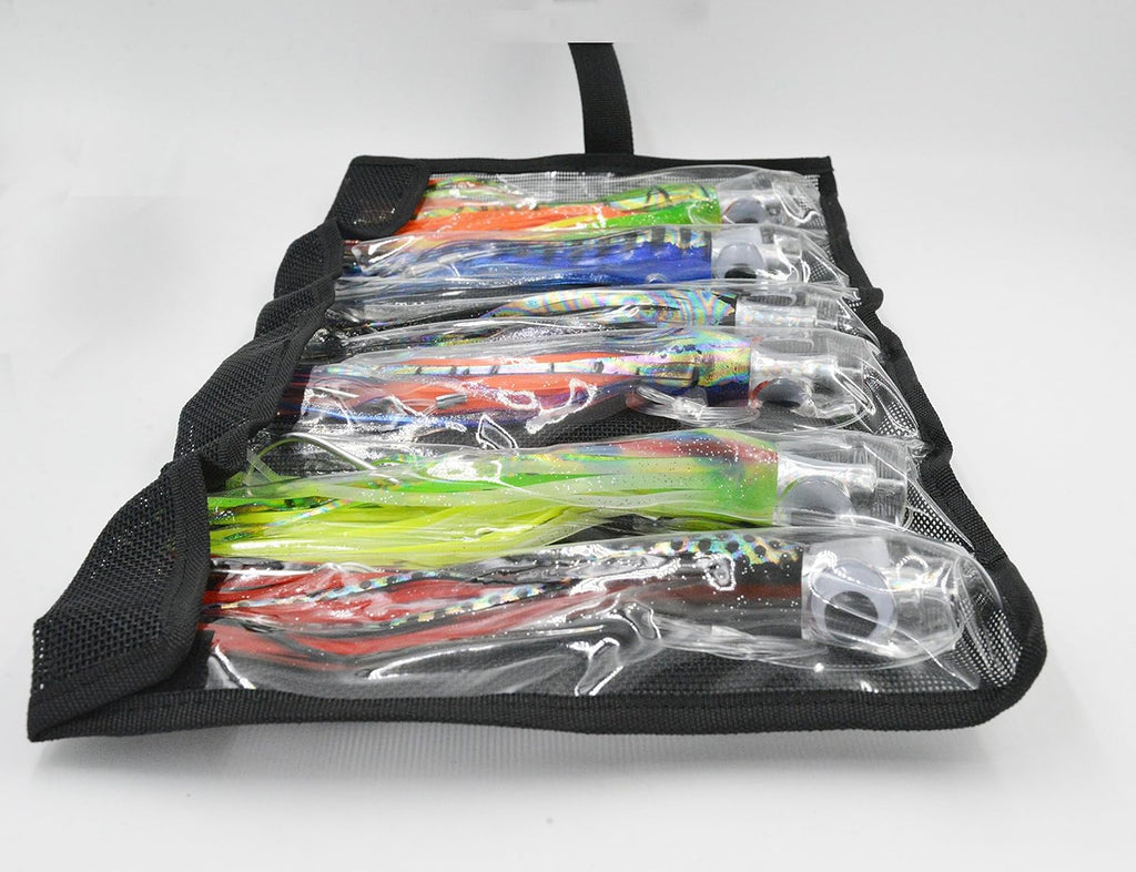 Fishing Lure Set of 6 Saltwater Skirted Lures with Black Bag W434941