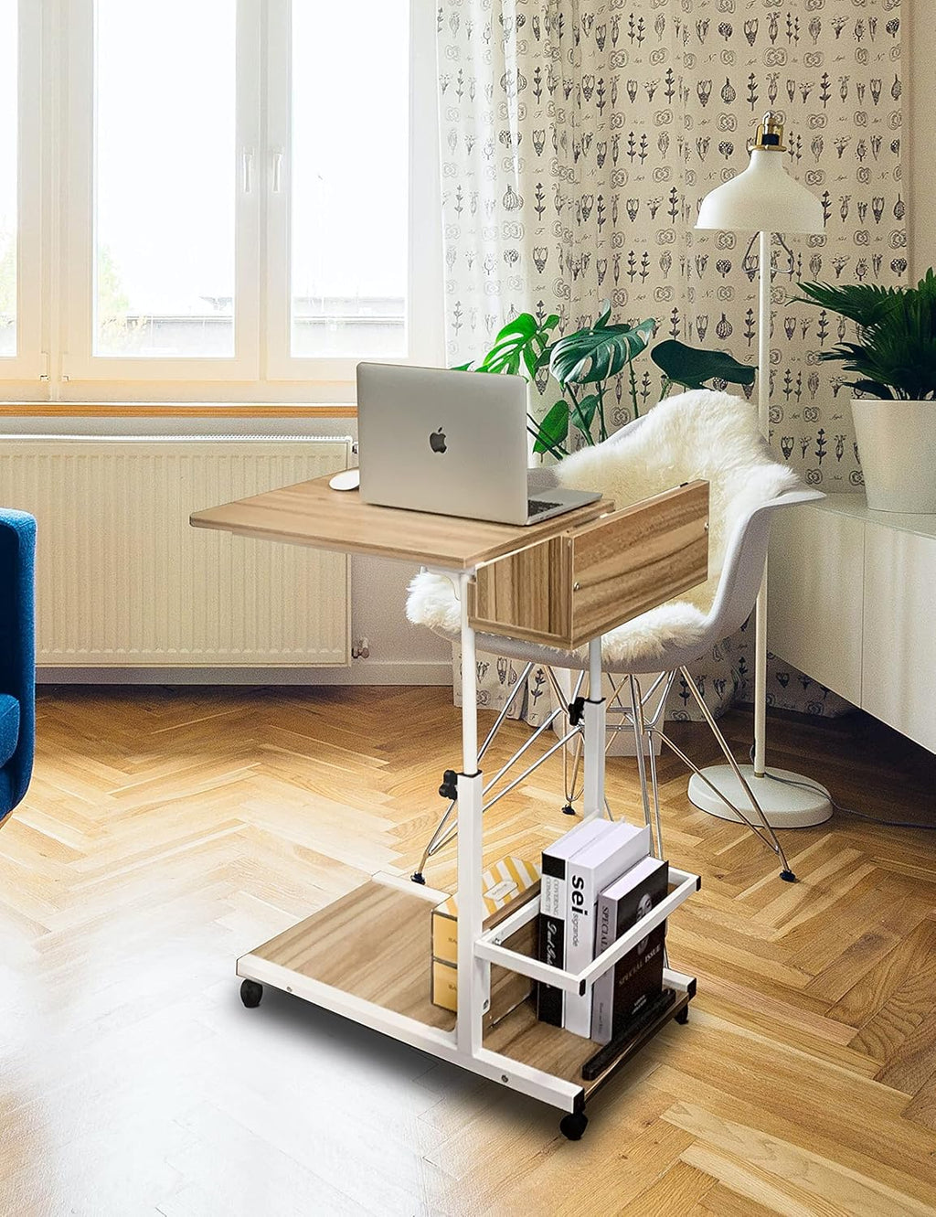 C Shaped End Table with Rolling Wheels, Height Adjustable Side Table with Storage Box T177
