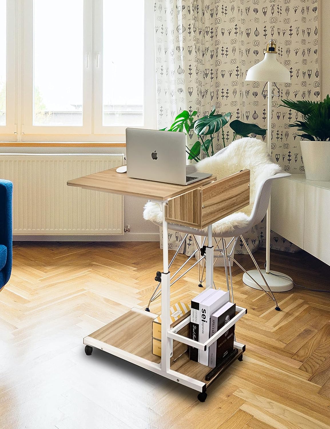 C Shaped End Table with Rolling Wheels, Height Adjustable Side Table with Storage Box T177