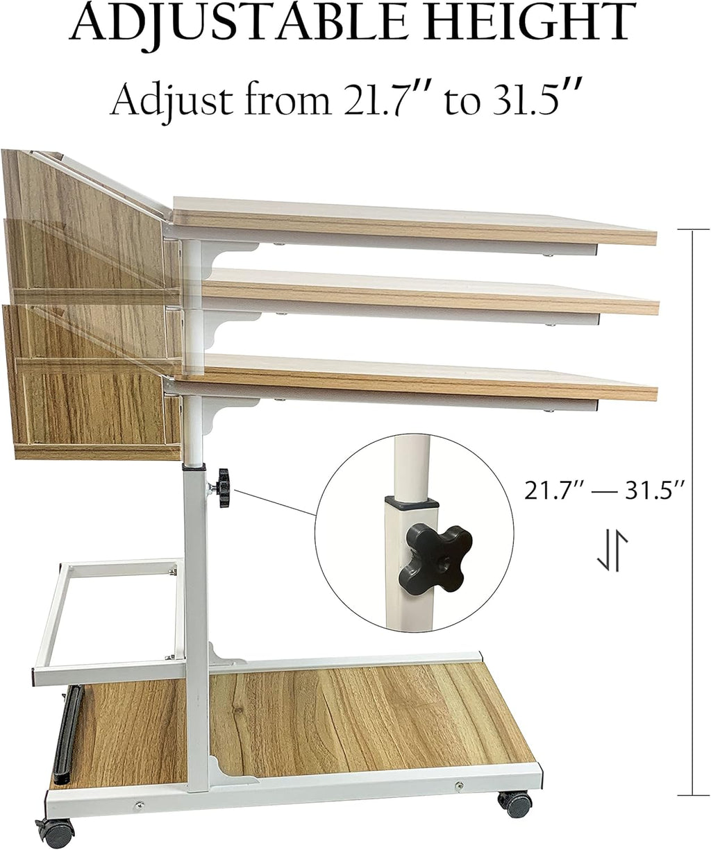 C Shaped End Table with Rolling Wheels, Height Adjustable Side Table with Storage Box T177