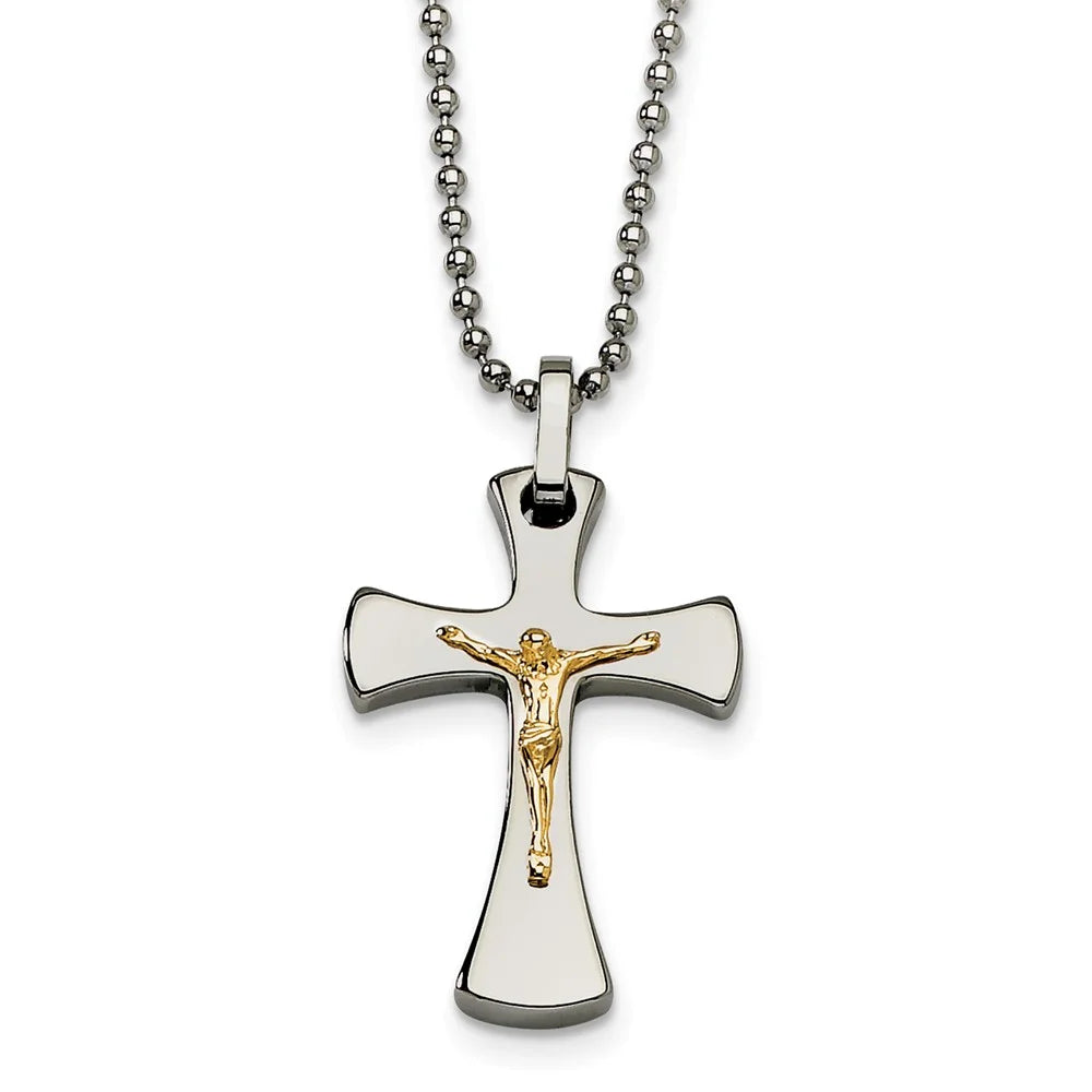 22in Polished Stainless Steel Crucifix Necklace with Real 14kt Gold Accent H745282