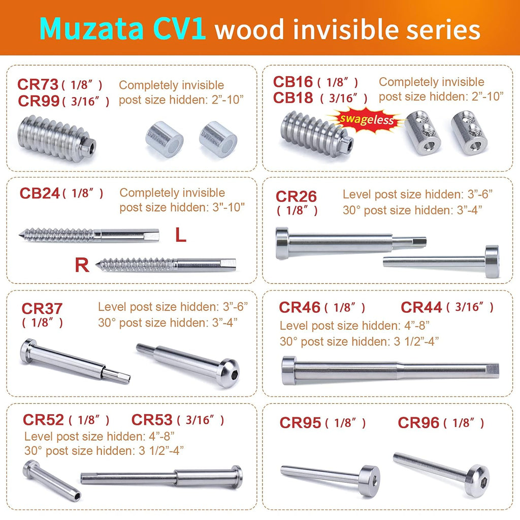 20Pair Cable Railing Kit Invisible 1/8 T316 Stainless Steel Swage Tensioner Terminal Hidden System X764332