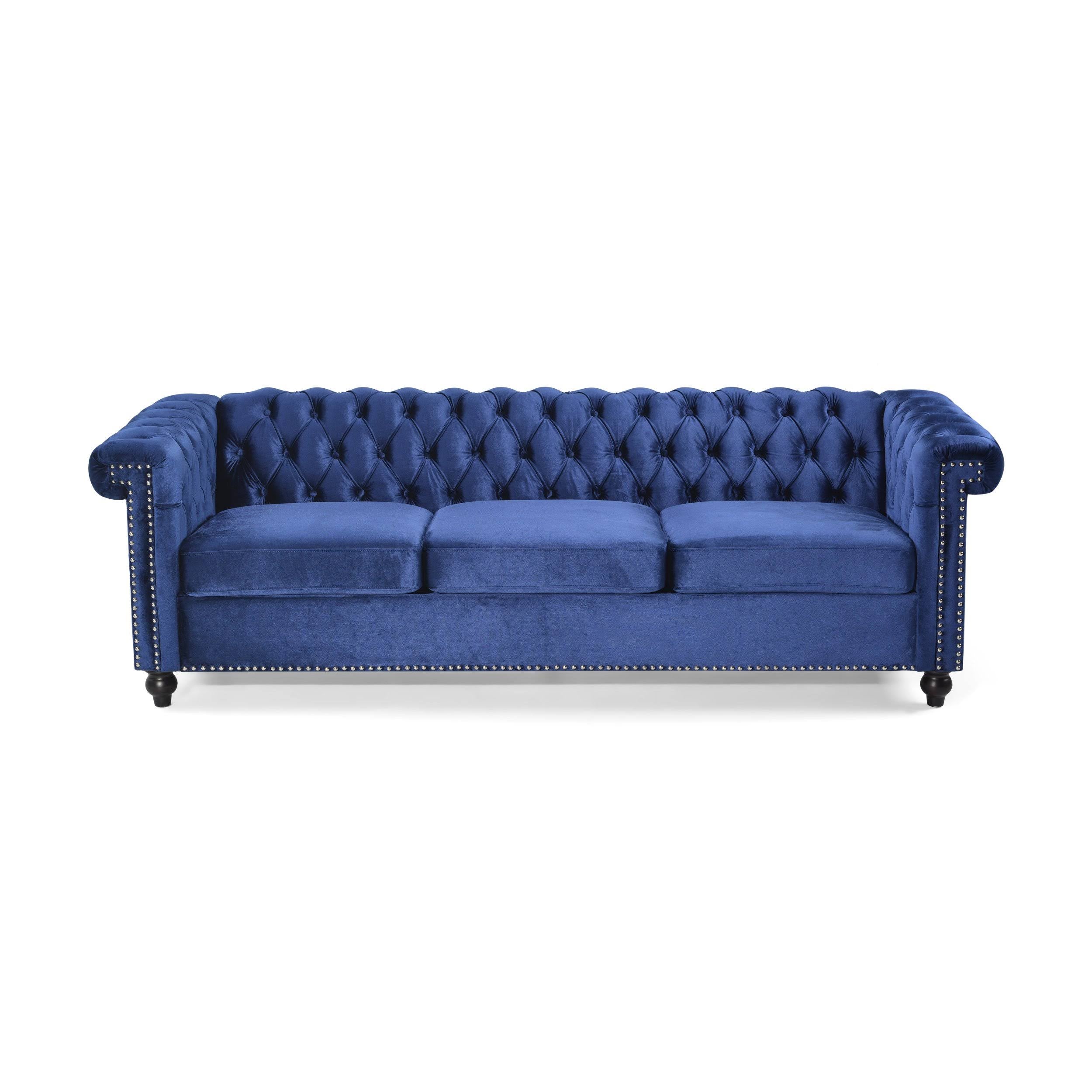 Midnight Blue Velvet Tufted 3 Seater Sofa T195815