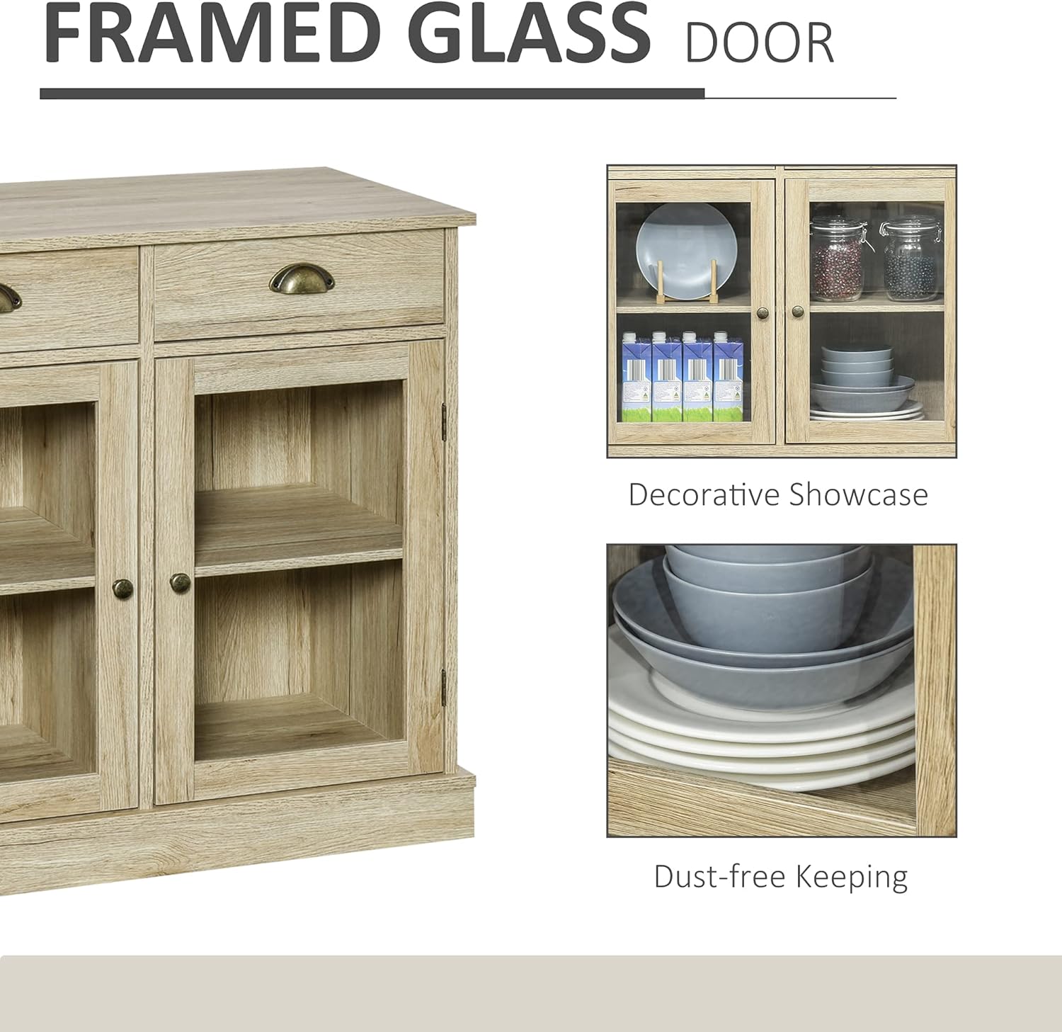 Rustic Oak Sideboard Storage Cabinet with 2 Glass Doors and 2 Drawers K530
