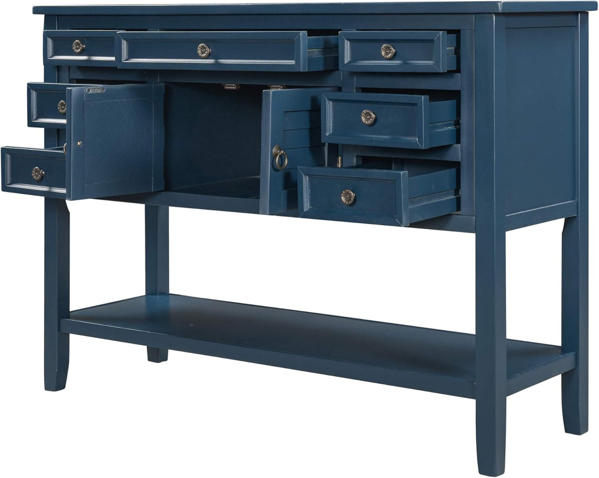 Navy Blue Console Table with 7 Drawers and Cabinet J278025