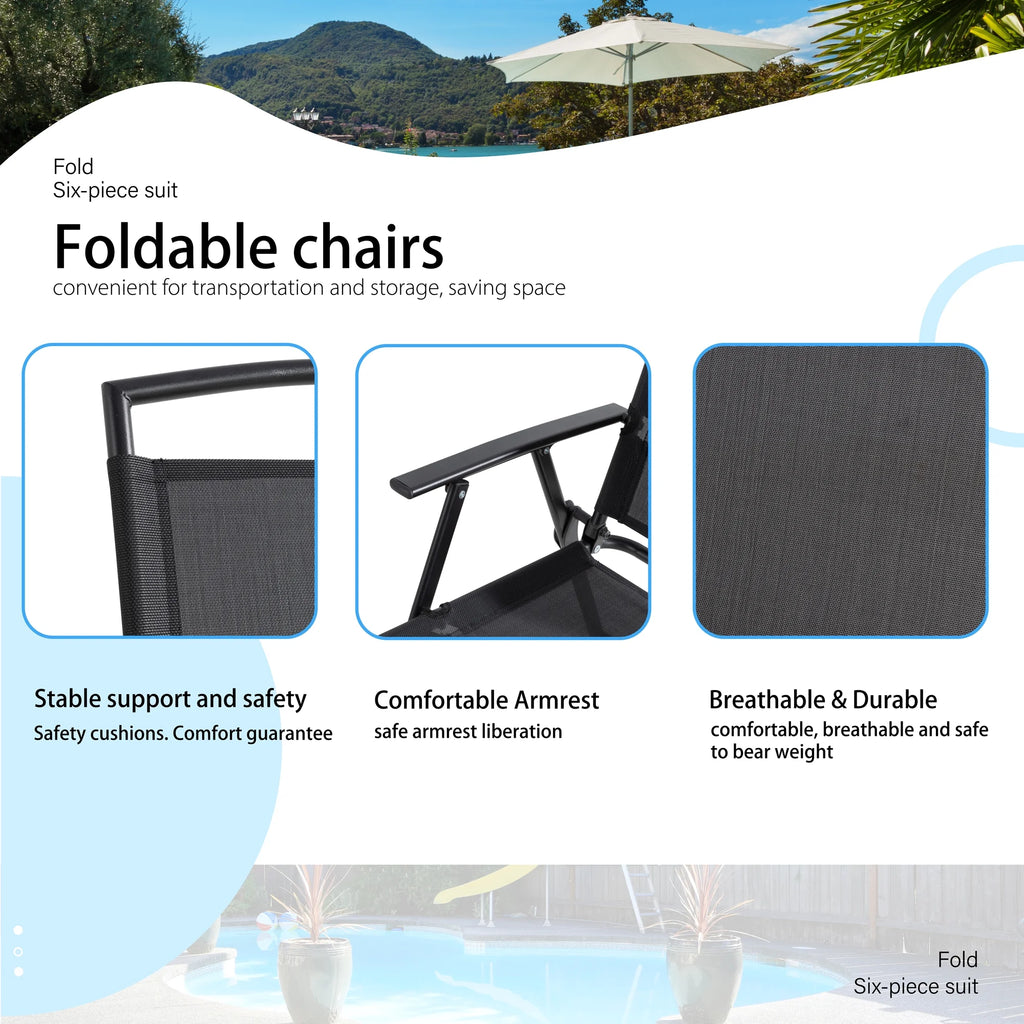 6 Piece Patio Dining Set with Umbrella, 4 Folding Chairs, Tempered Glass Top Dining Table Black X947873