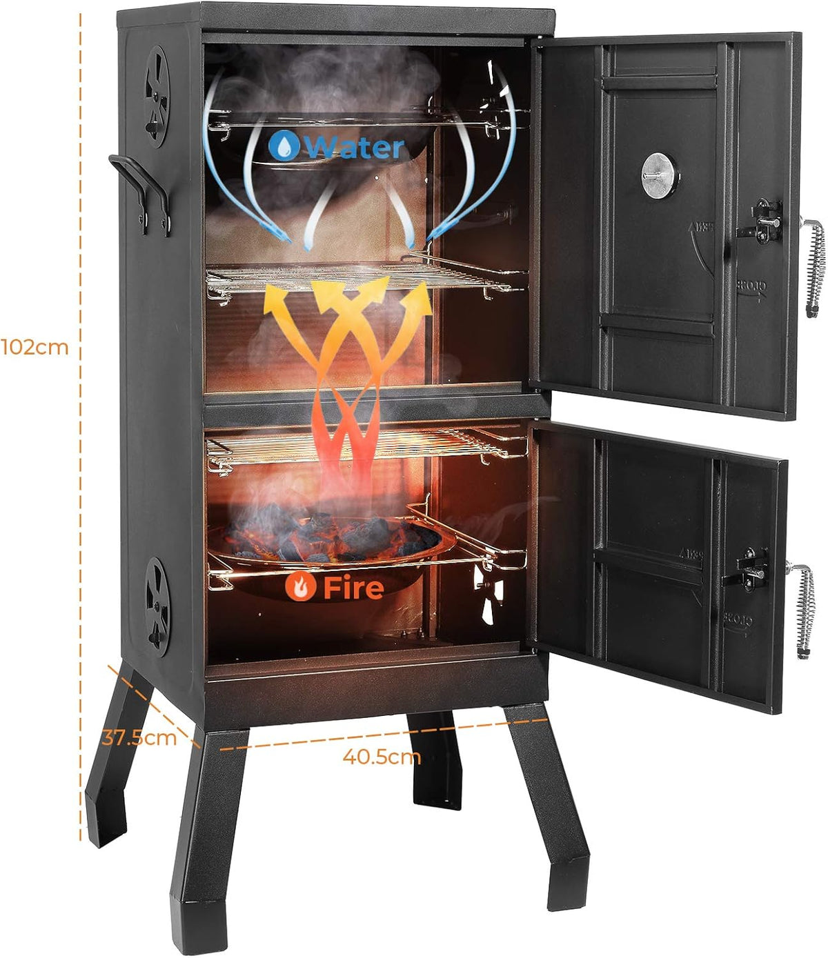 Black Square Charcoal Water Smoker and Grill with Thermometer A6185