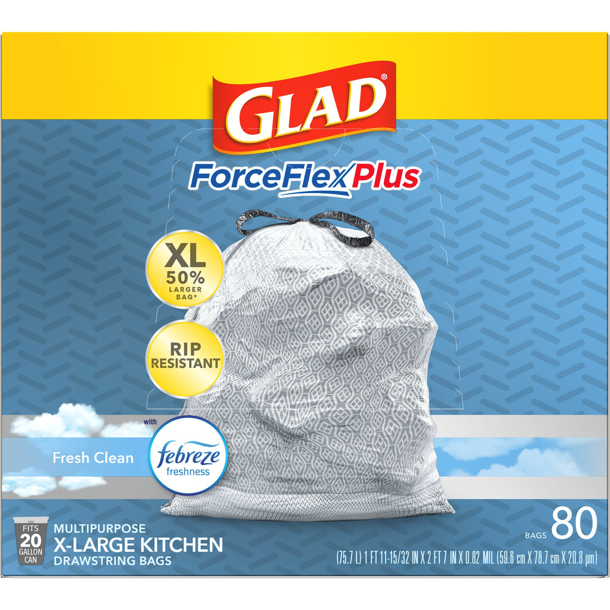 20 Gallon Grey Kitchen Drawstring Trash Bags, 80 Count F41593
