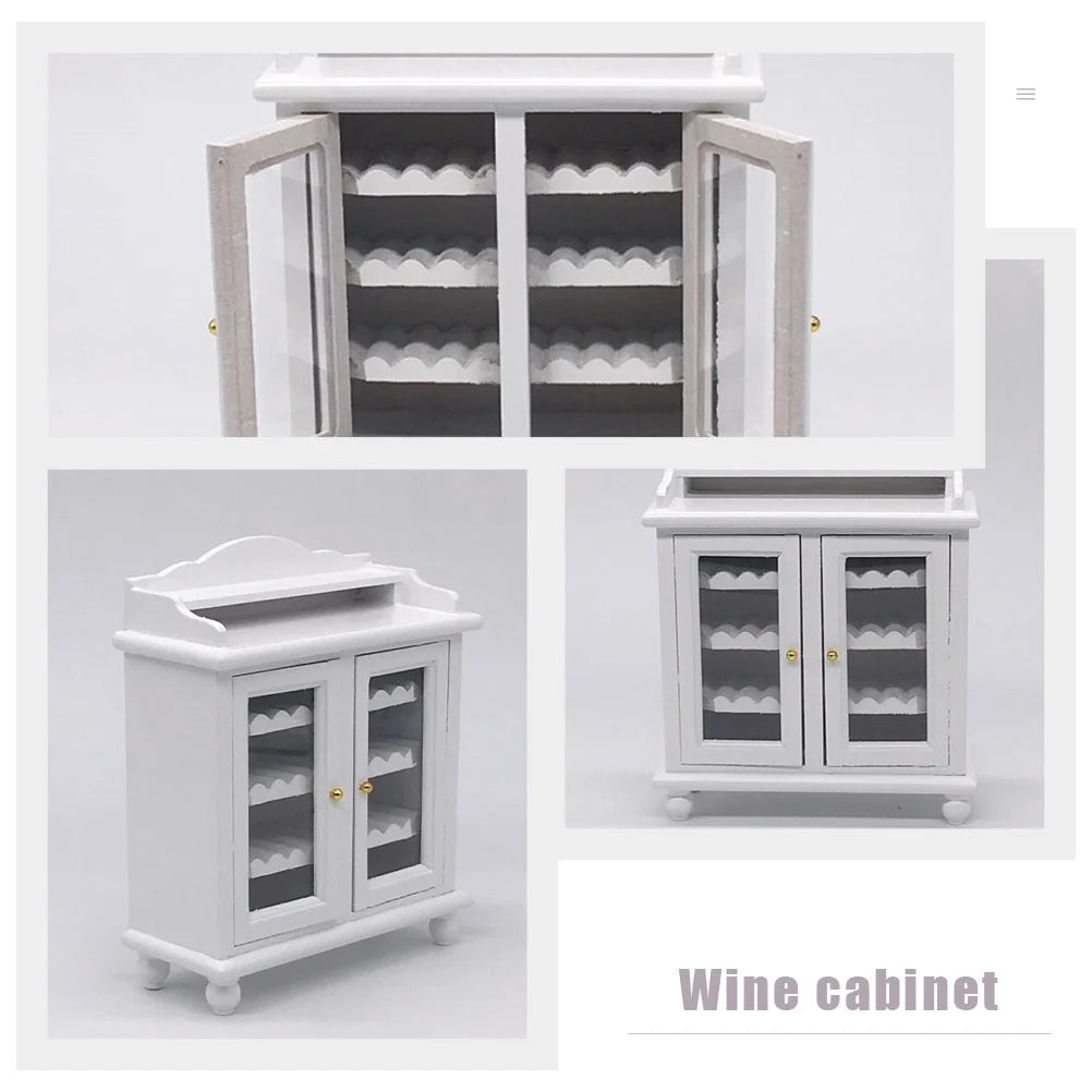 Miniature Wine Cabinet Kids Pretend Play Toy Doll House Decoration Walnut White Wood E24269