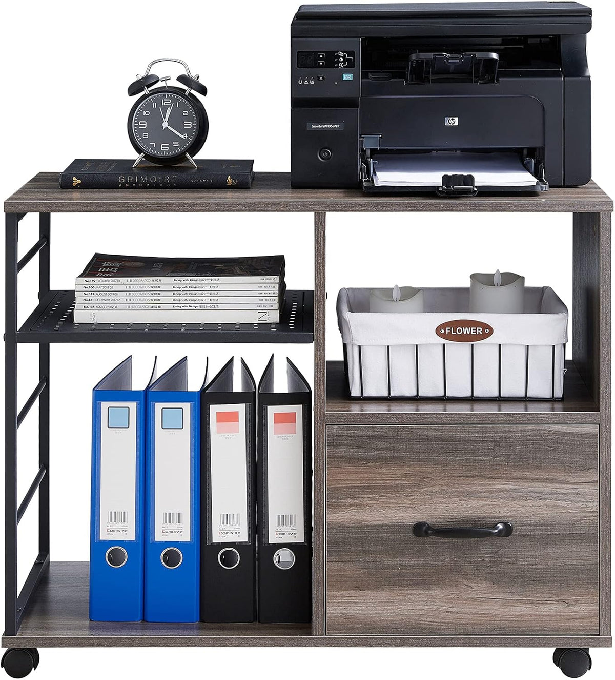 Retro Grey Rolling File Cabinet with Drawer and Open Storage Shelves R218163