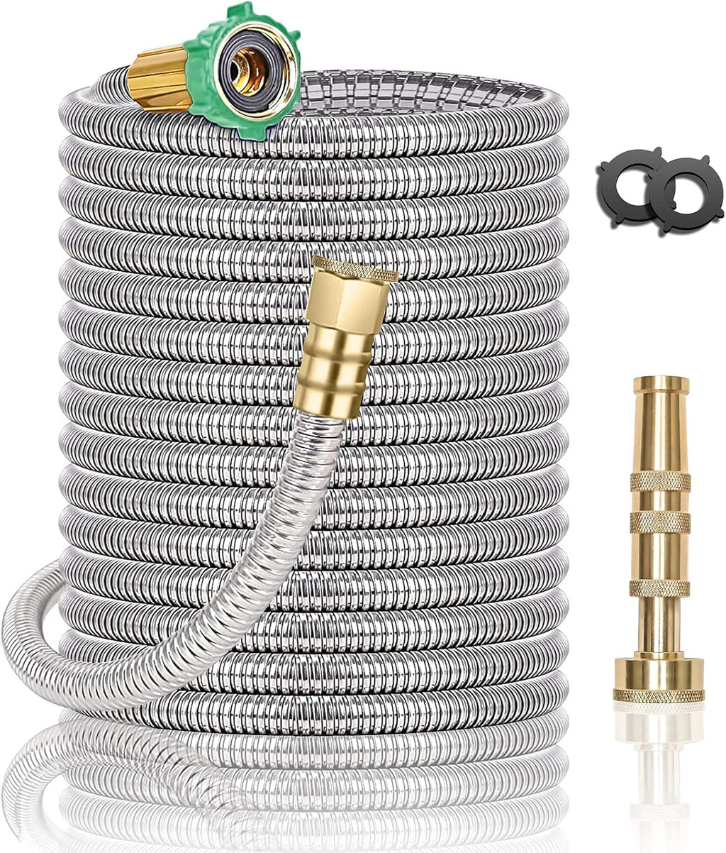Steel Metal Garden Hose 100FT Heavy Duty Lightweight 304 Stainless Steel Water Hose with Brass Nozzle, Silver Pack of 2 V44908