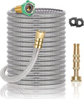 Steel Metal Garden Hose 100FT Heavy Duty Lightweight 304 Stainless Steel Water Hose with Brass Nozzle, Silver Pack of 2 V44908
