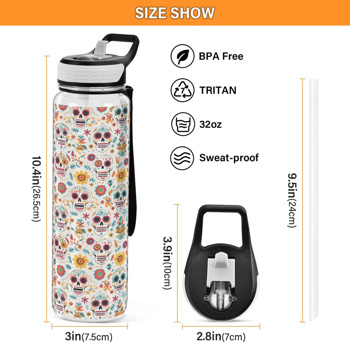 Skull Sunflowers Skeleton 32oz Tritan Leakproof Water Bottle W513