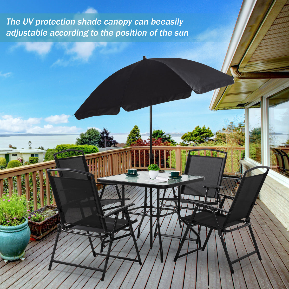 6 Piece Patio Dining Set with Umbrella, 4 Folding Chairs, Tempered Glass Top Dining Table Black X947873