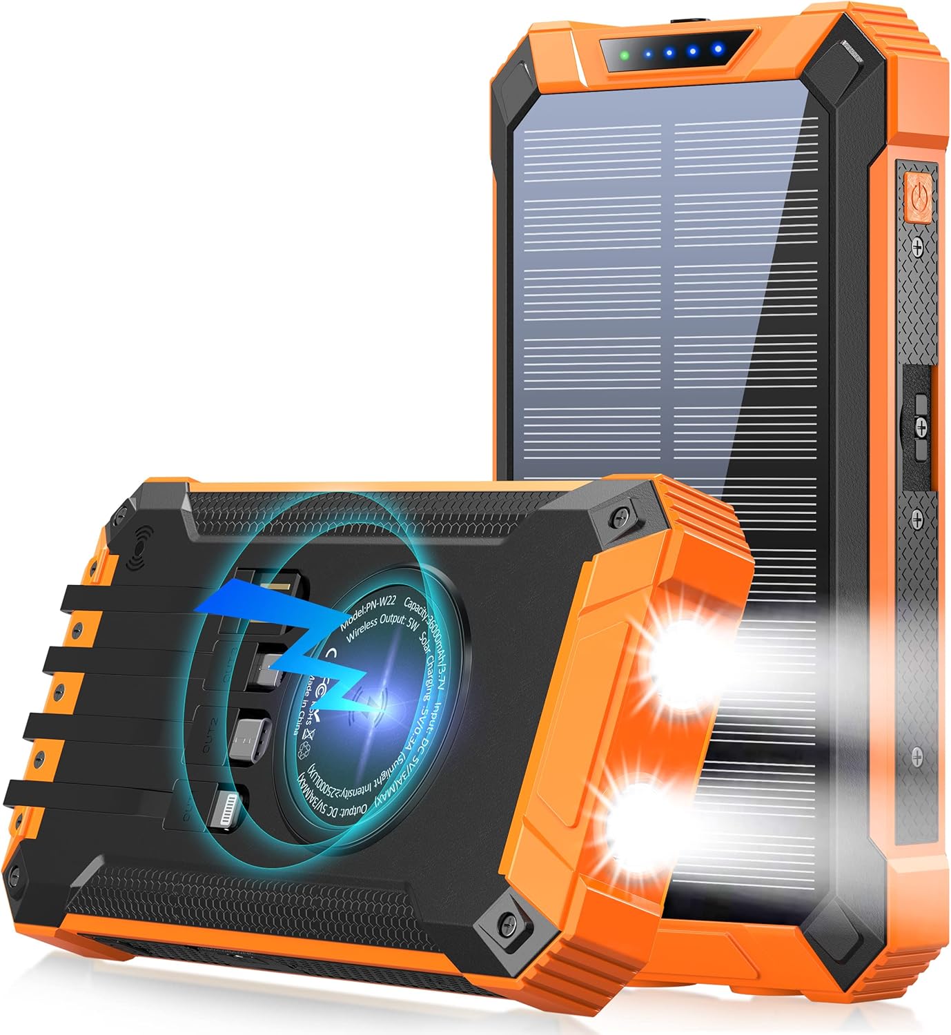 Solar Power Bank 36000mAh with Dual LED Flashlight IPX4 Waterproof Orange Pack of 2 H62795