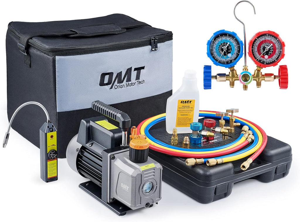 AC Vacuum Pump and Gauge Set with 4CFM Vacuum Pump, 3 Hoses, Quick Couplers, AC Gauges for R134a, R12, R22, R502 W72062
