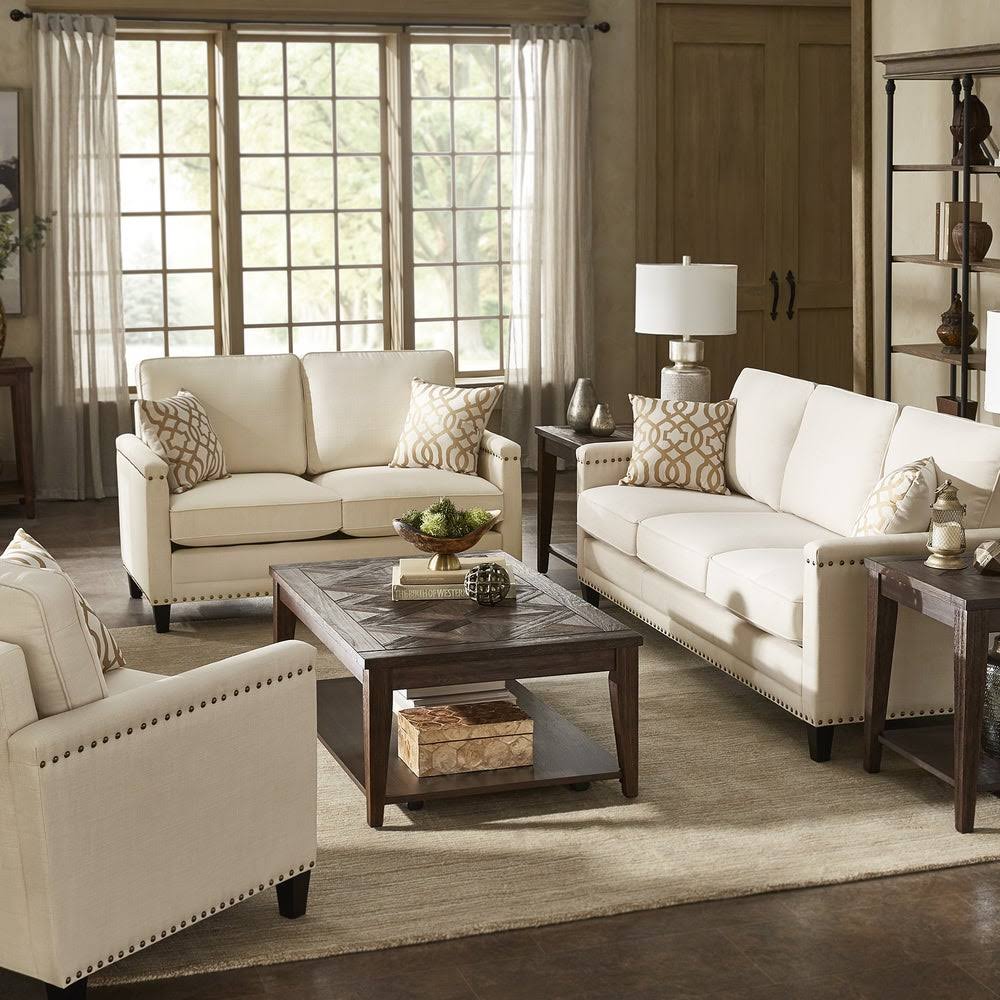 Ivory Fabric Sofa with Nailhead Trim H673