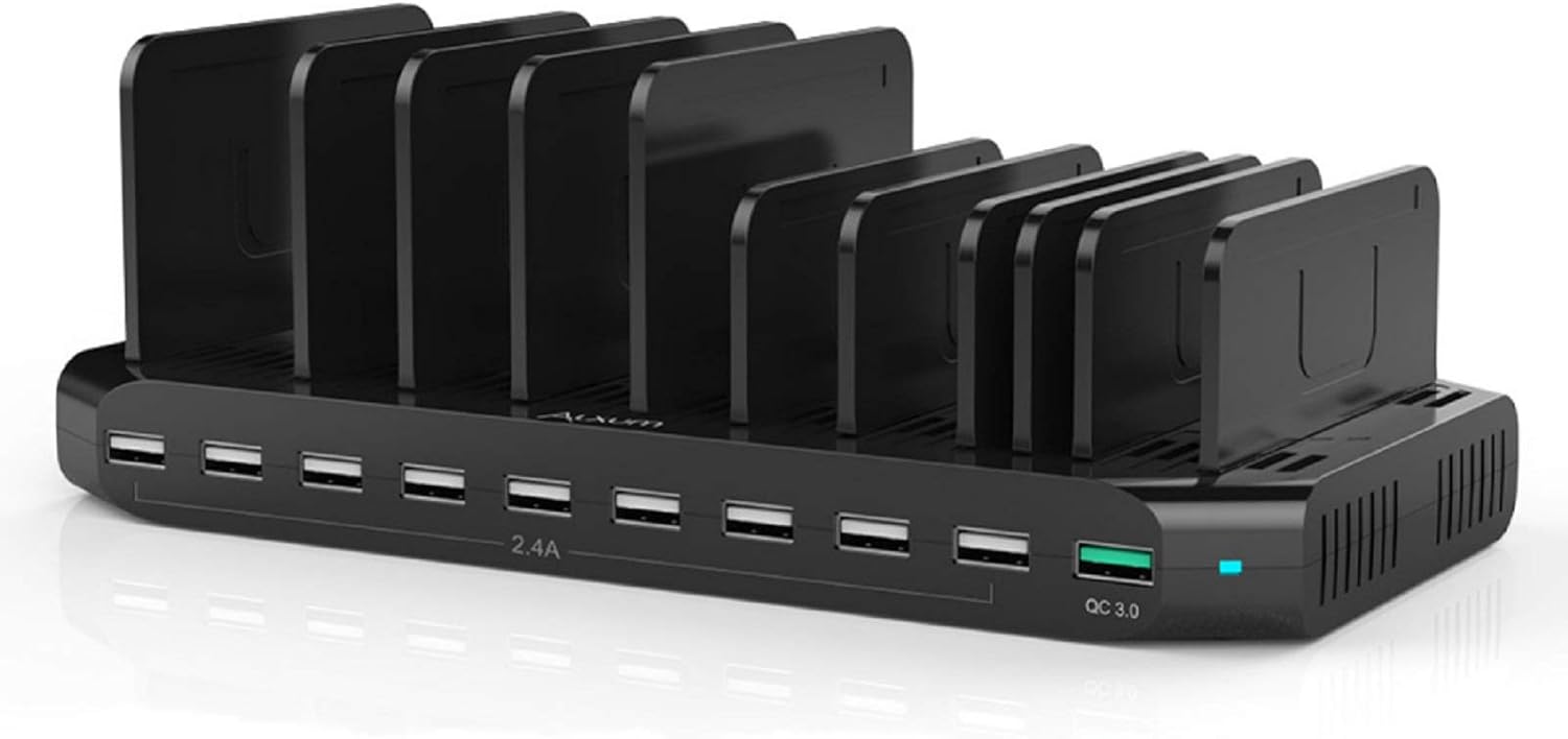 Black USB Charging Station 10 Port with 2 QC 3.0, Detachable Dividers, Pack of 2 K170