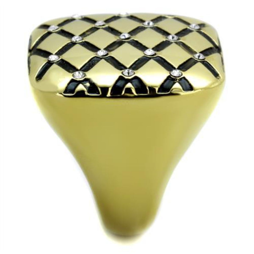 Gold IP Stainless Steel Diamond Checkered Ring with Clear Crystals S89383