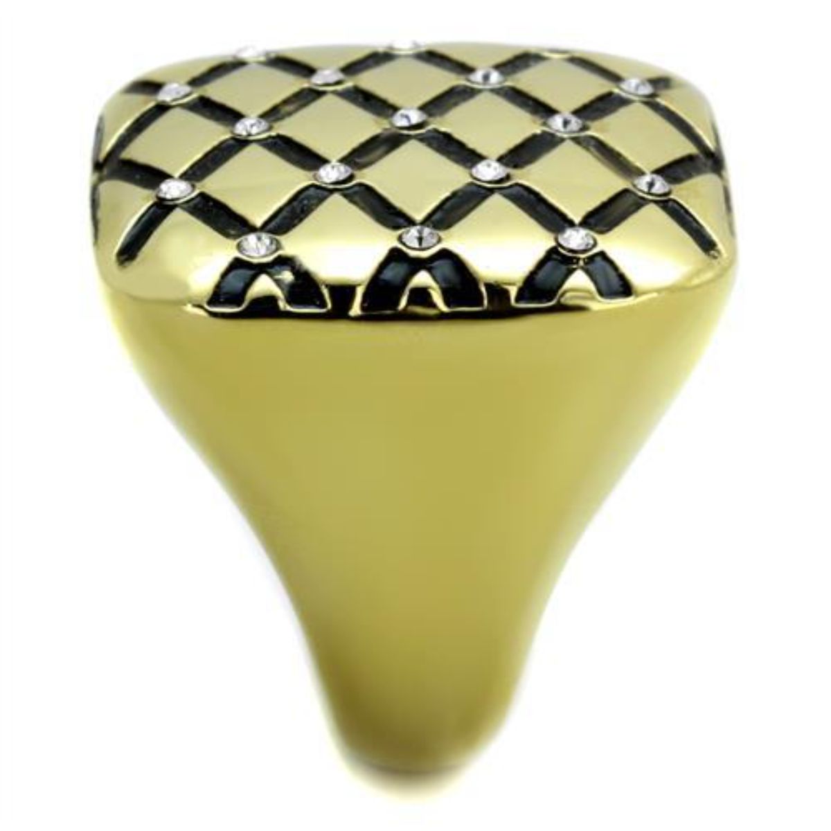 Gold IP Stainless Steel Diamond Checkered Ring with Clear Crystals S89383
