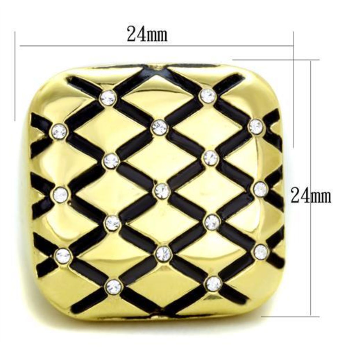 Gold IP Stainless Steel Diamond Checkered Ring with Clear Crystals S89383