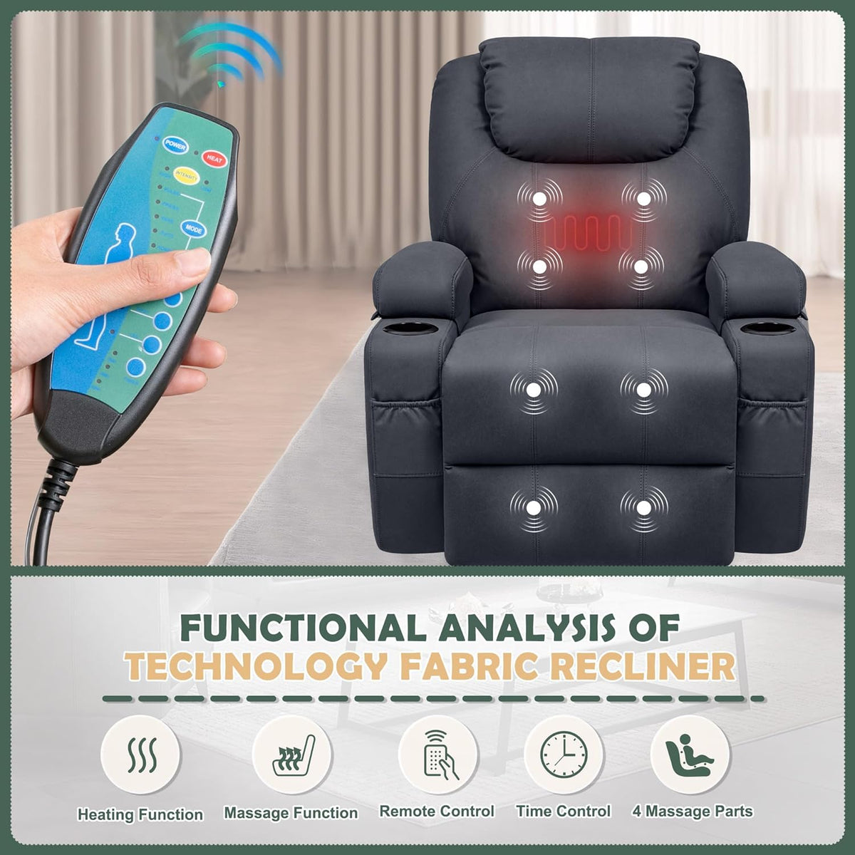 Blue Fabric Power Lift Recliner Chair with Massage and Heat E641