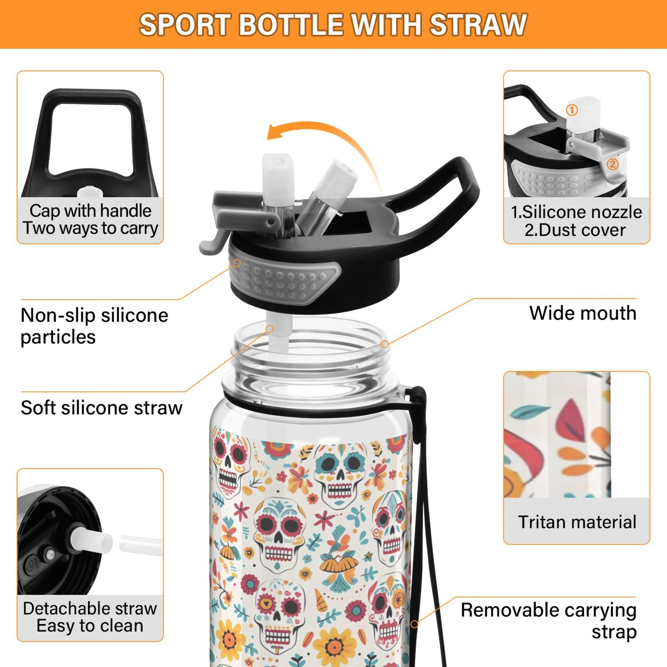 Skull Sunflowers Skeleton 32oz Tritan Leakproof Water Bottle W513