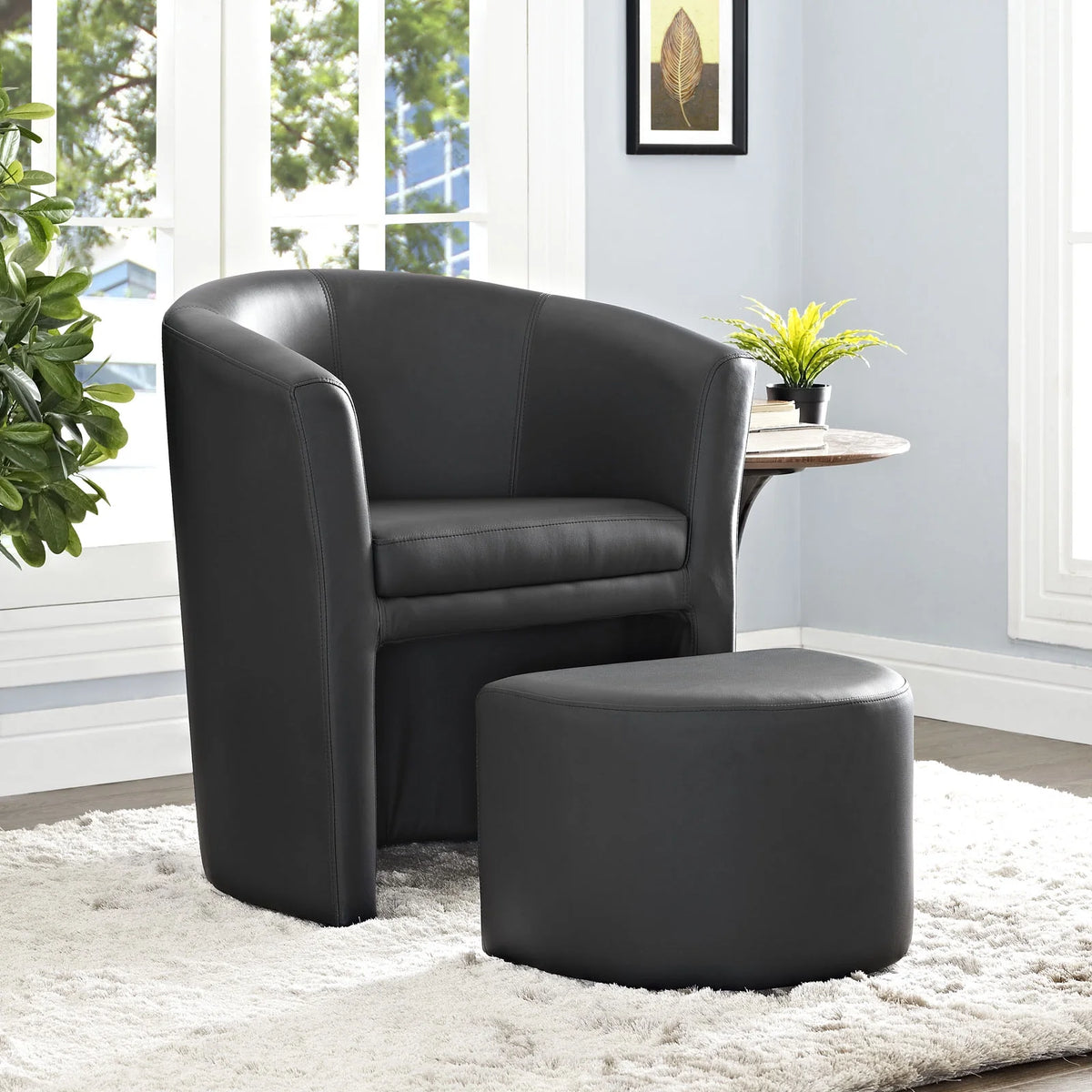 Black Faux Leather Armchair and Ottoman A8149