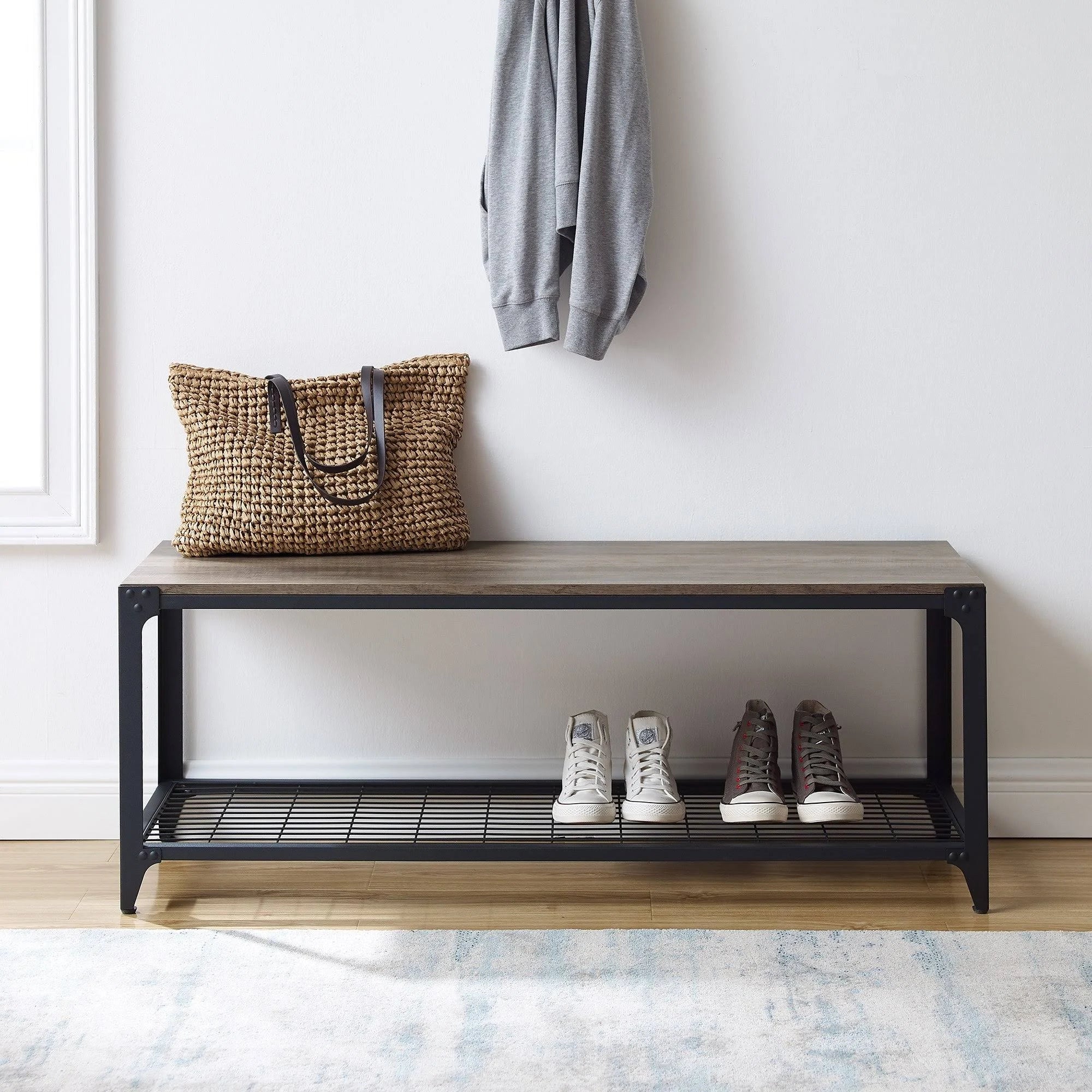 Angle Iron Entry Bench - Grey Wash U9376