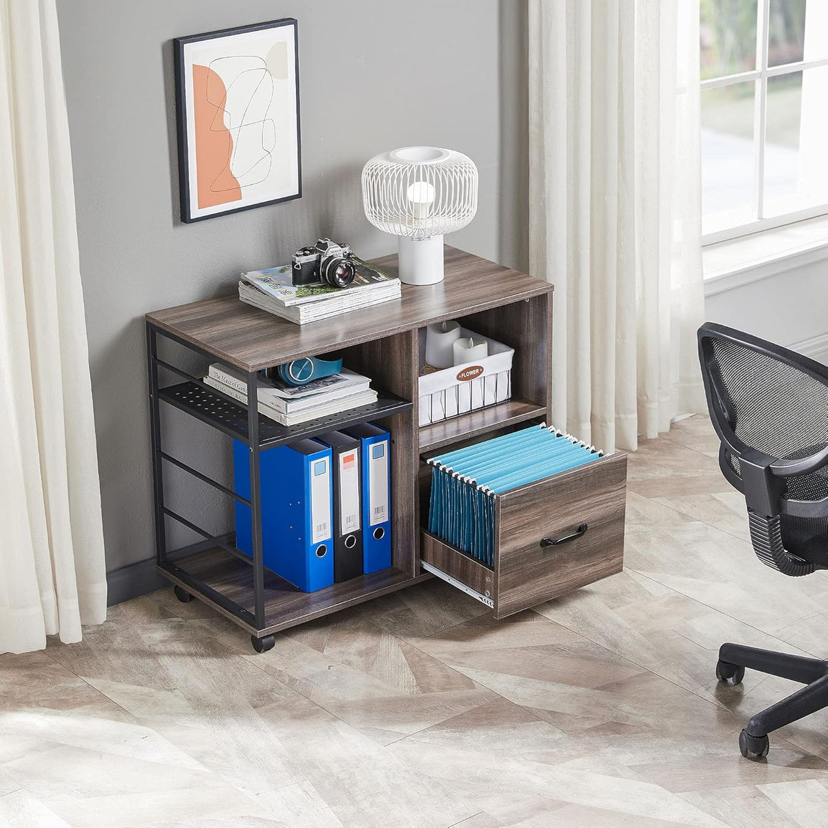 Retro Grey Rolling File Cabinet with Drawer and Open Storage Shelves R218163