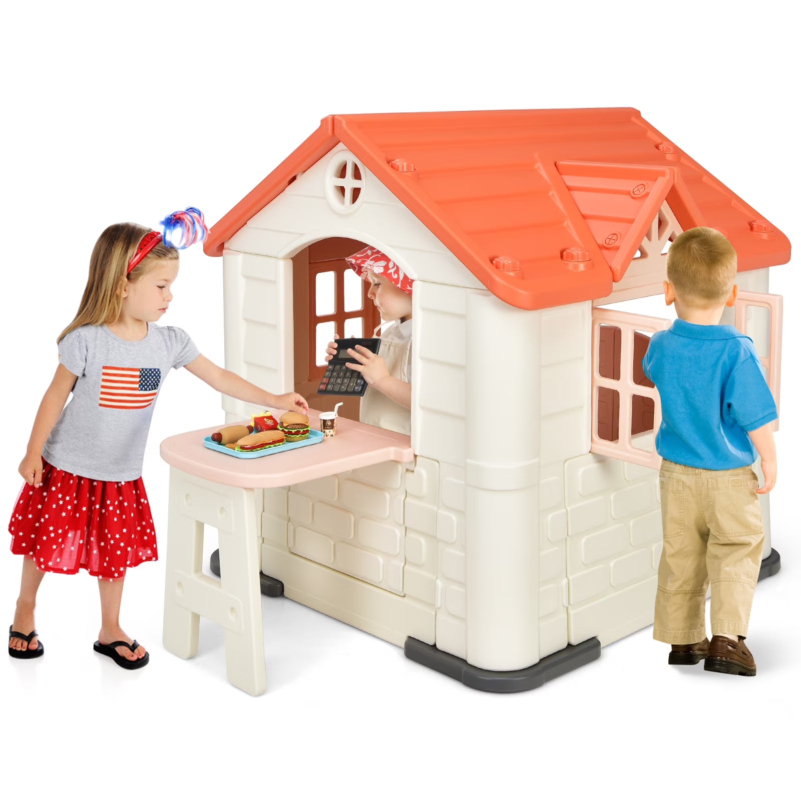 Pink Kid's Playhouse Games Cottage with 7 PCS Toy Set and Waterproof Cover O3871