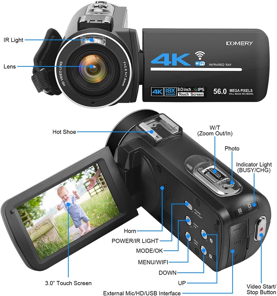 4K 56MP UHD Camcorder with IR Night Vision, 18X Digital Zoom L41858