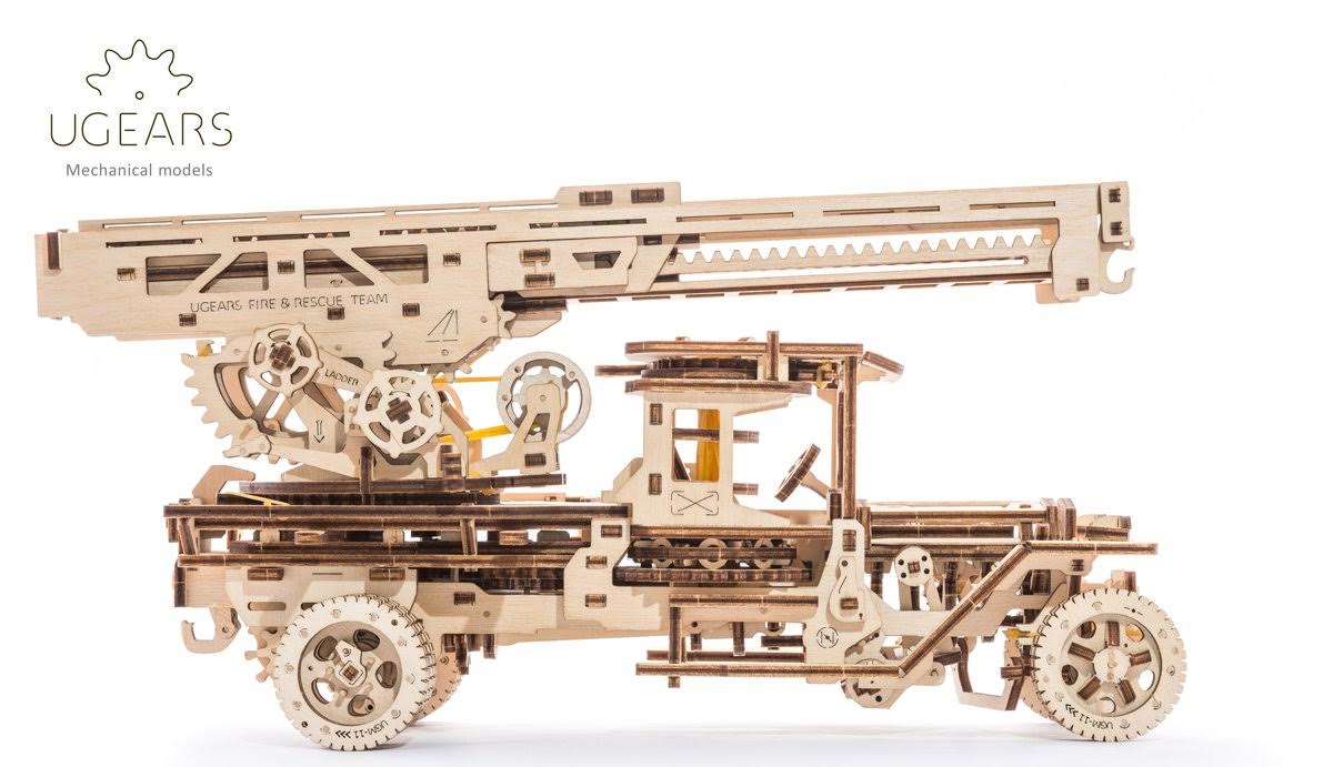 Fire Truck with Ladder Mechanical Wooden Model Kit 3D Puzzle I5597