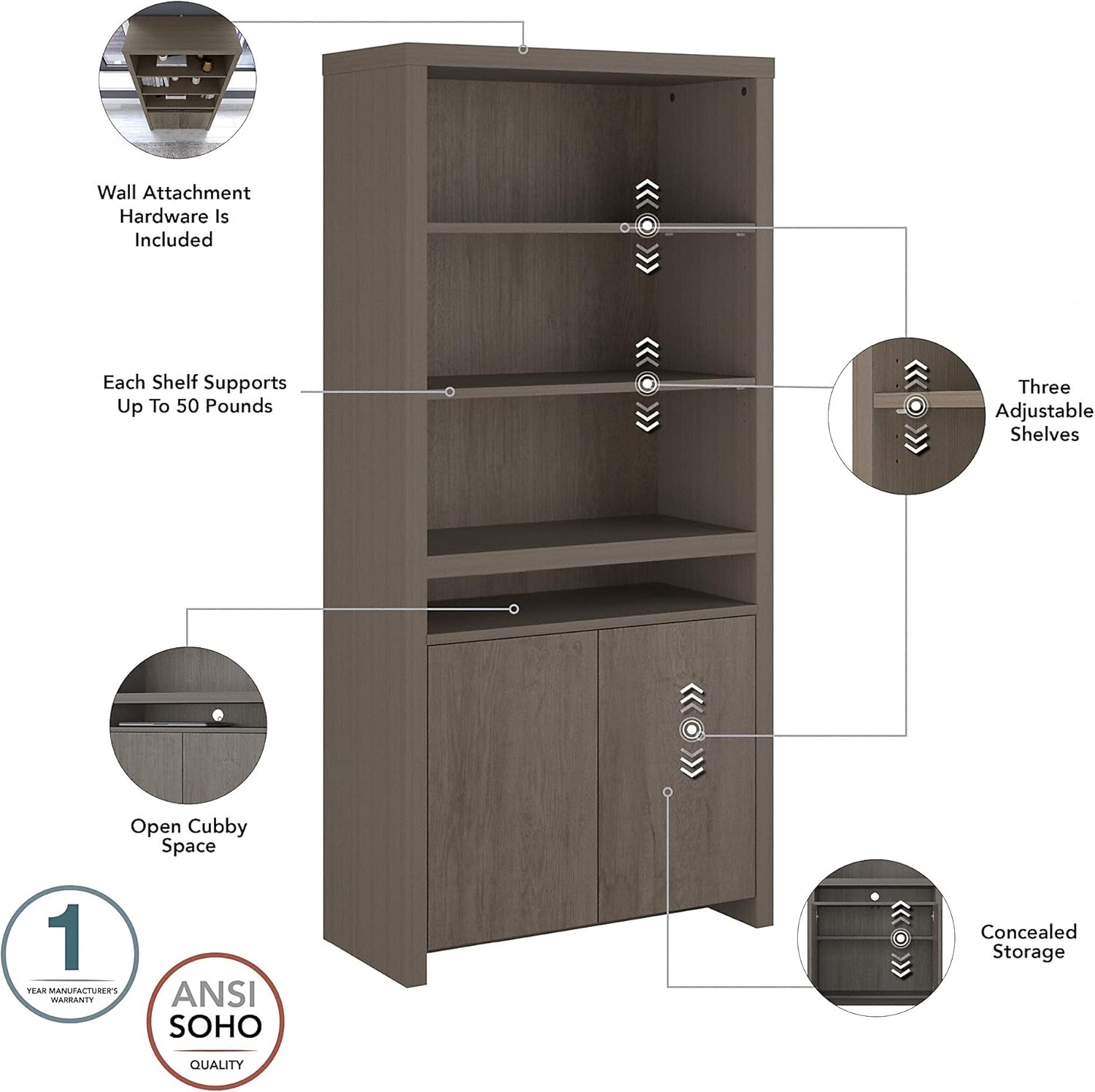 Tall 6 Shelf Bookcase with Doors in Restored Gray X14300