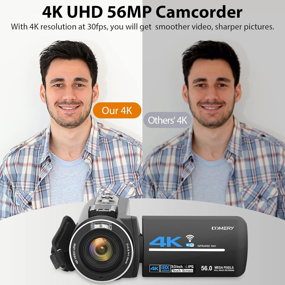 4K 56MP UHD Camcorder with IR Night Vision, 18X Digital Zoom L41858