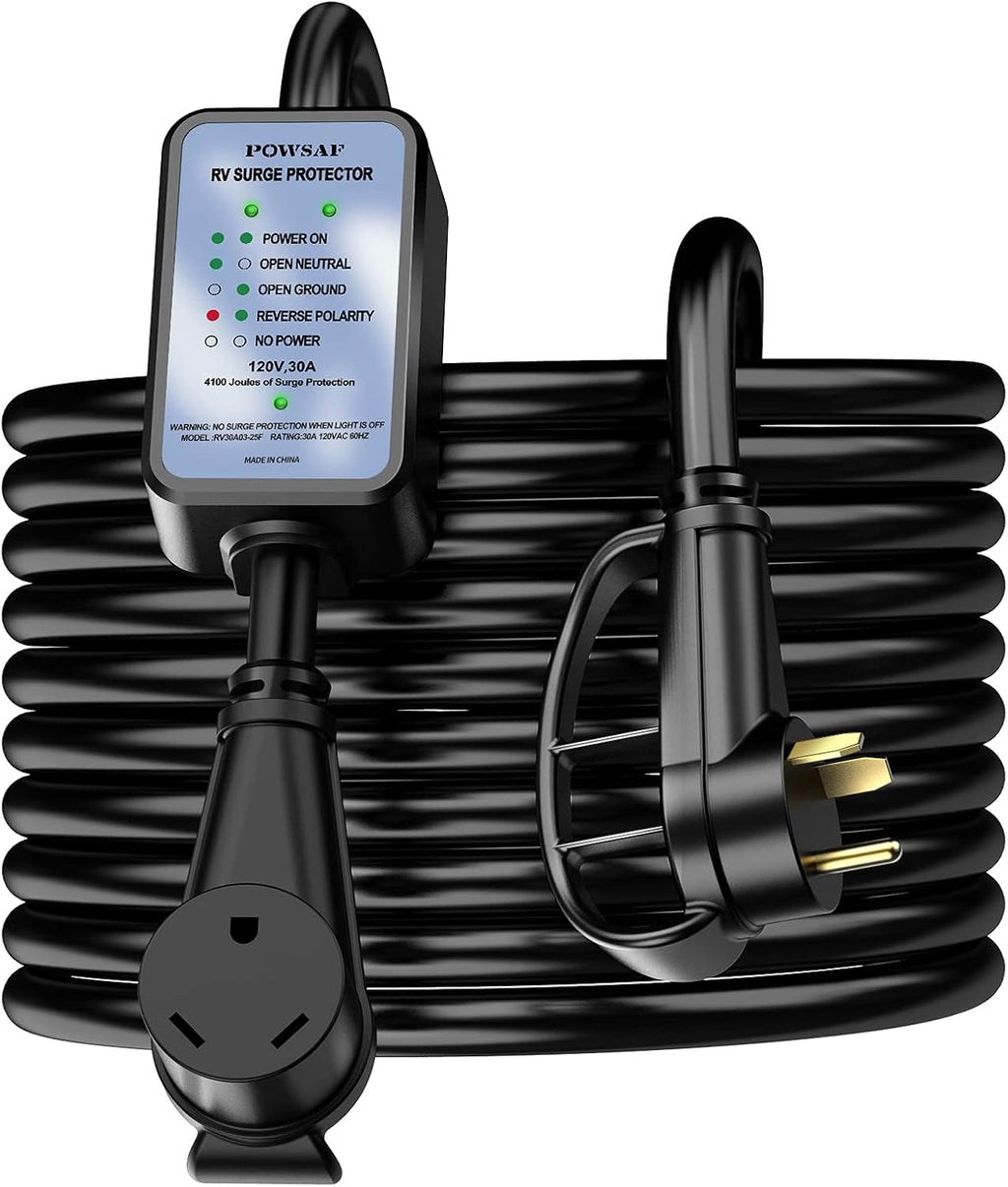 30 amp RV Extension Cord 25 FT Waterproof Surge Protector with Circuit Analyzer LED Indicator Light Y86070