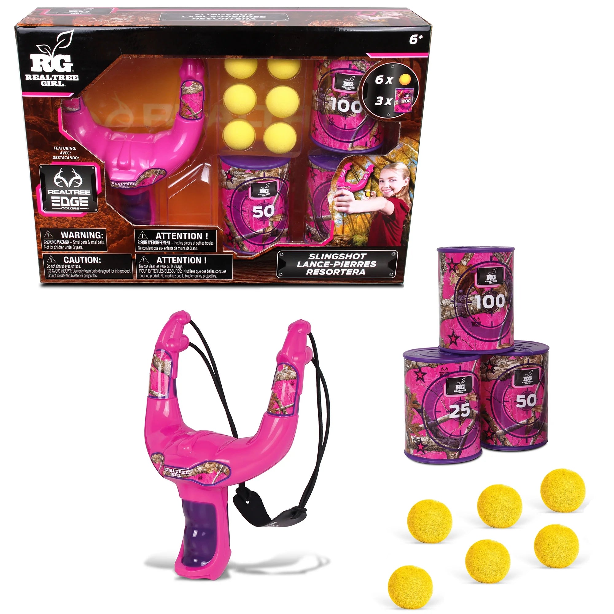 Pink Toy Slingshot Set with 6 Foam Balls & 3 Can Targets J702