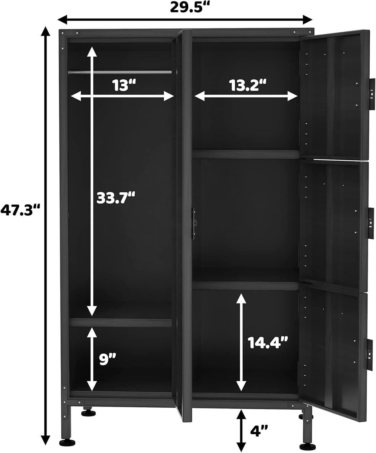 4 Door Black Steel Storage Cabinet with Vented Lockable Magnetic Doors J61118