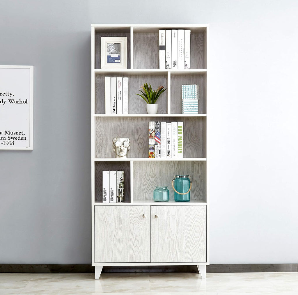 Black 68 Tall Wooden Bookcase with 2 Doors and 7 Compartments J9305