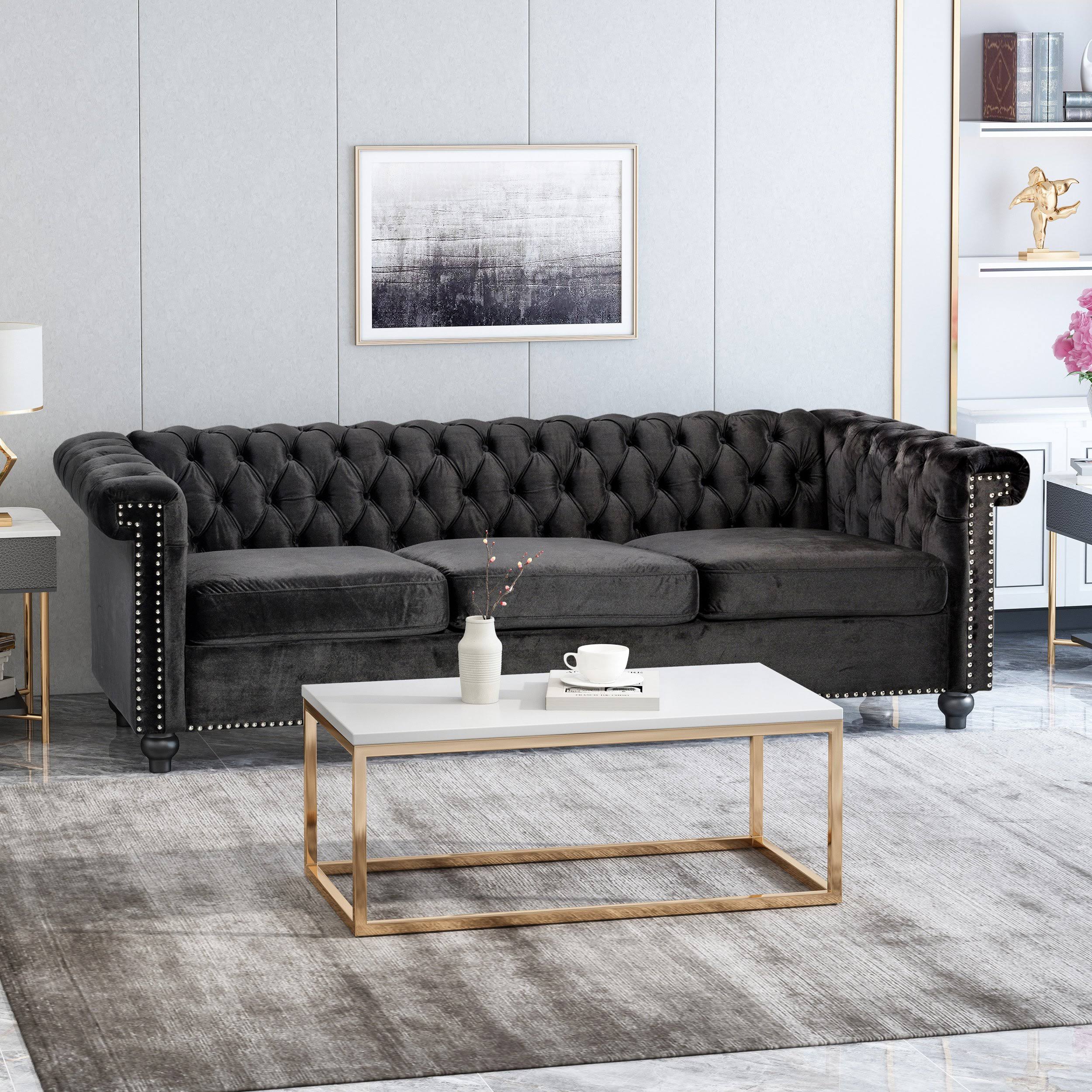 Midnight Blue Velvet Tufted 3 Seater Sofa T195815
