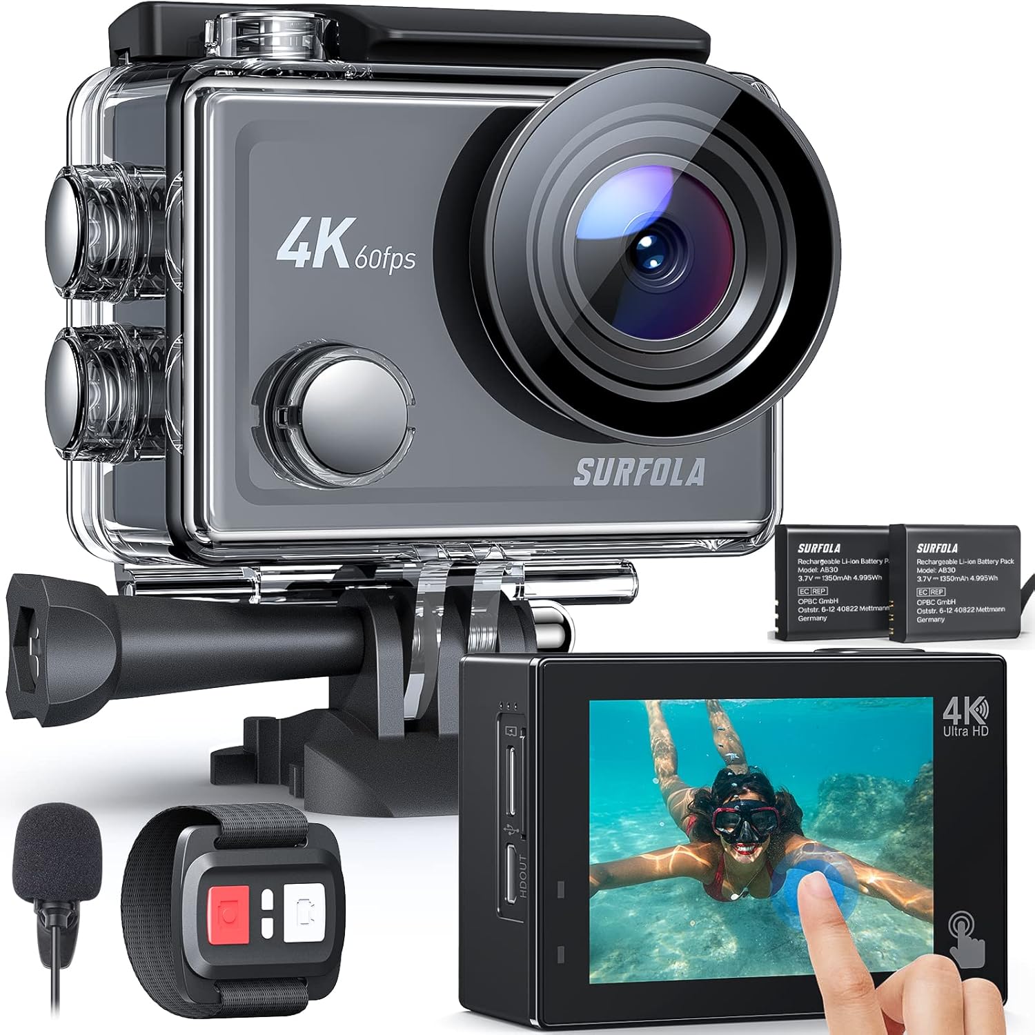 4K/60FPS Waterproof Action Camera with Touch Screen WiFi and 2X1350mAh Batteries C6634