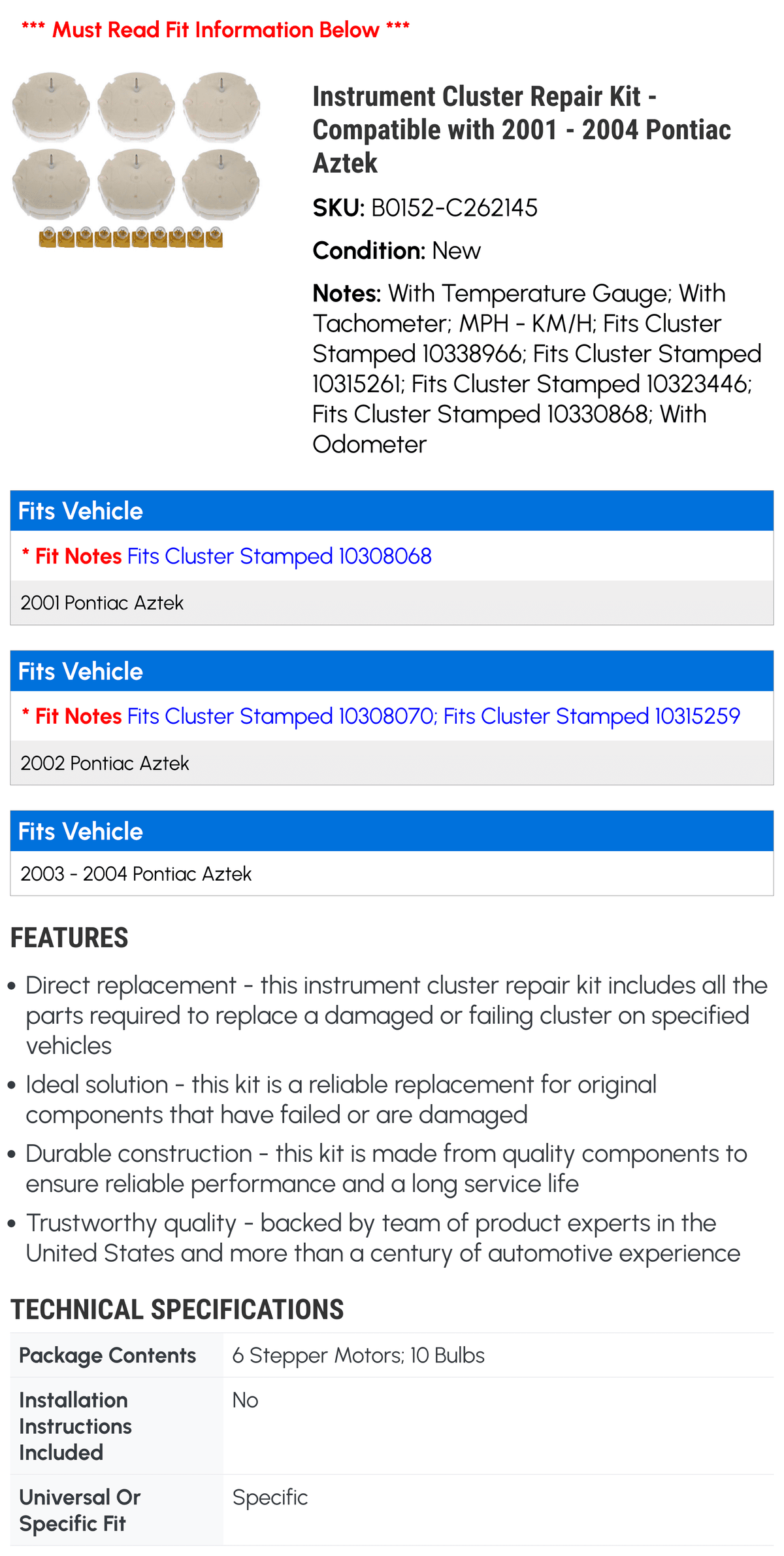 Instrument Cluster Repair Kit X950