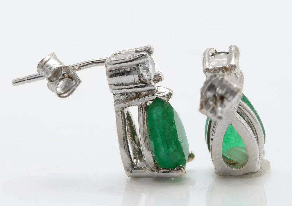 14K Solid White Gold Stud Earrings with Natural Emerald and Diamond E916603