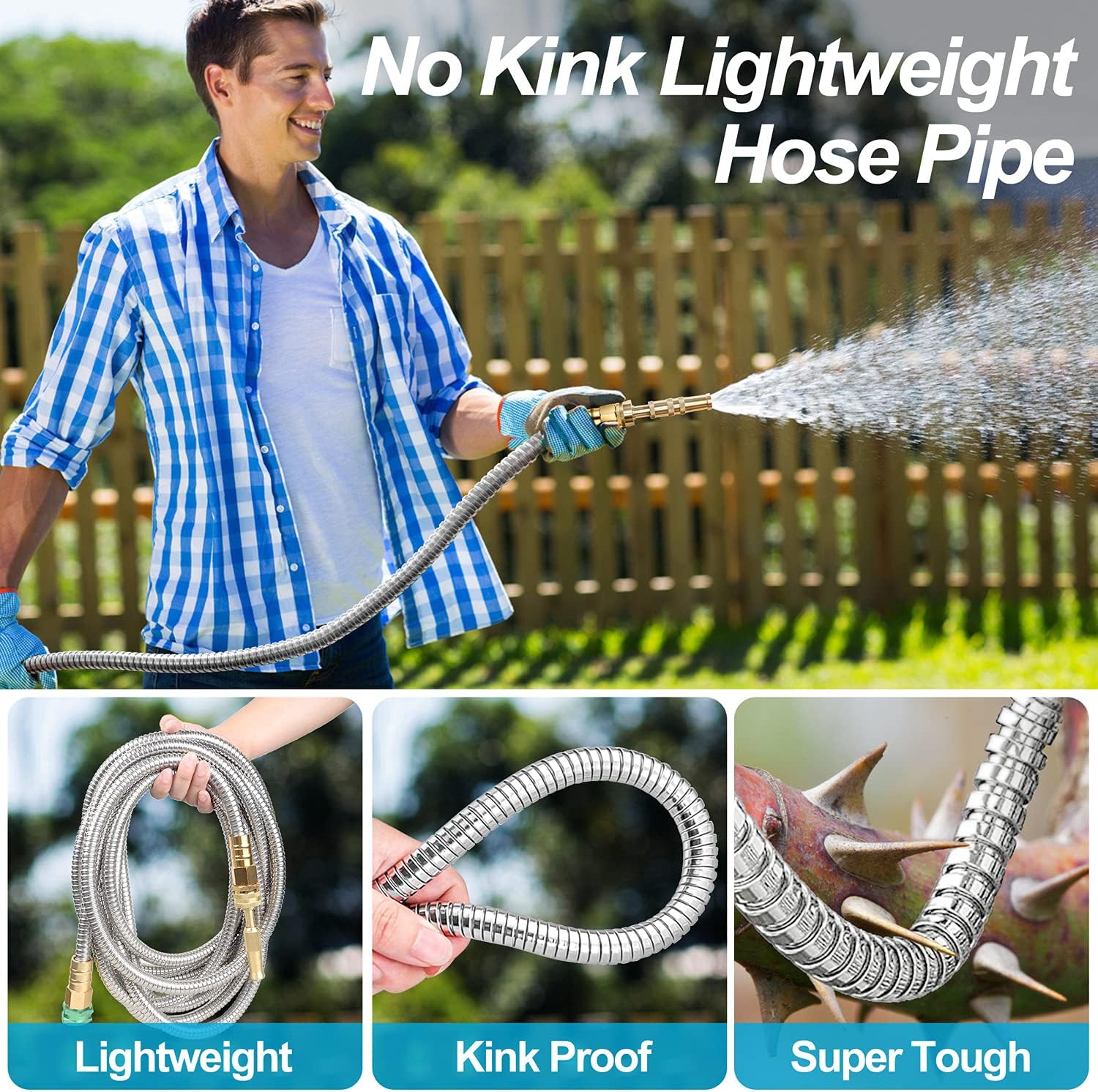 Steel Metal Garden Hose 100FT Heavy Duty Lightweight 304 Stainless Steel Water Hose with Brass Nozzle, Silver Pack of 2 V44908